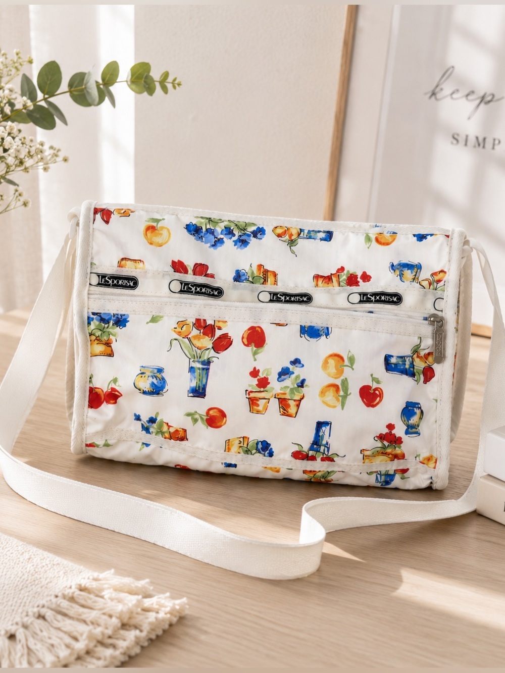 LeSportsac Deluxe Everyday Bag White Floral Fruit Print Nylon Crossbody Bag